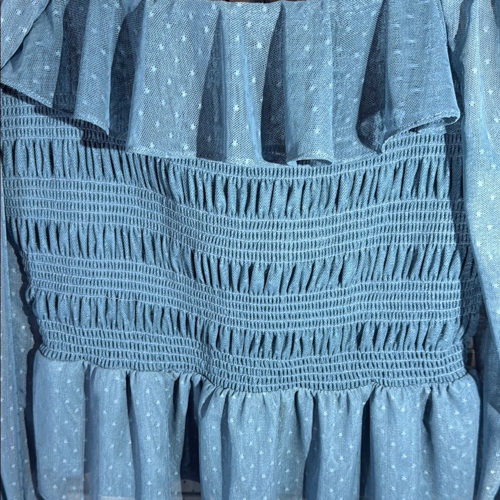 LC Lauren Conrad Blue Puff Sleeve Smocked Blouse - Picture 5 of 10